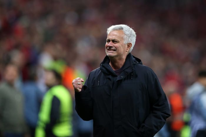 Roma manager Jose Mourinho pictured celebrating after guiding his team to a 1-0 aggregate win over Bayer Leverkusen in the semi-finals of the UEFA Europa League in May 2023